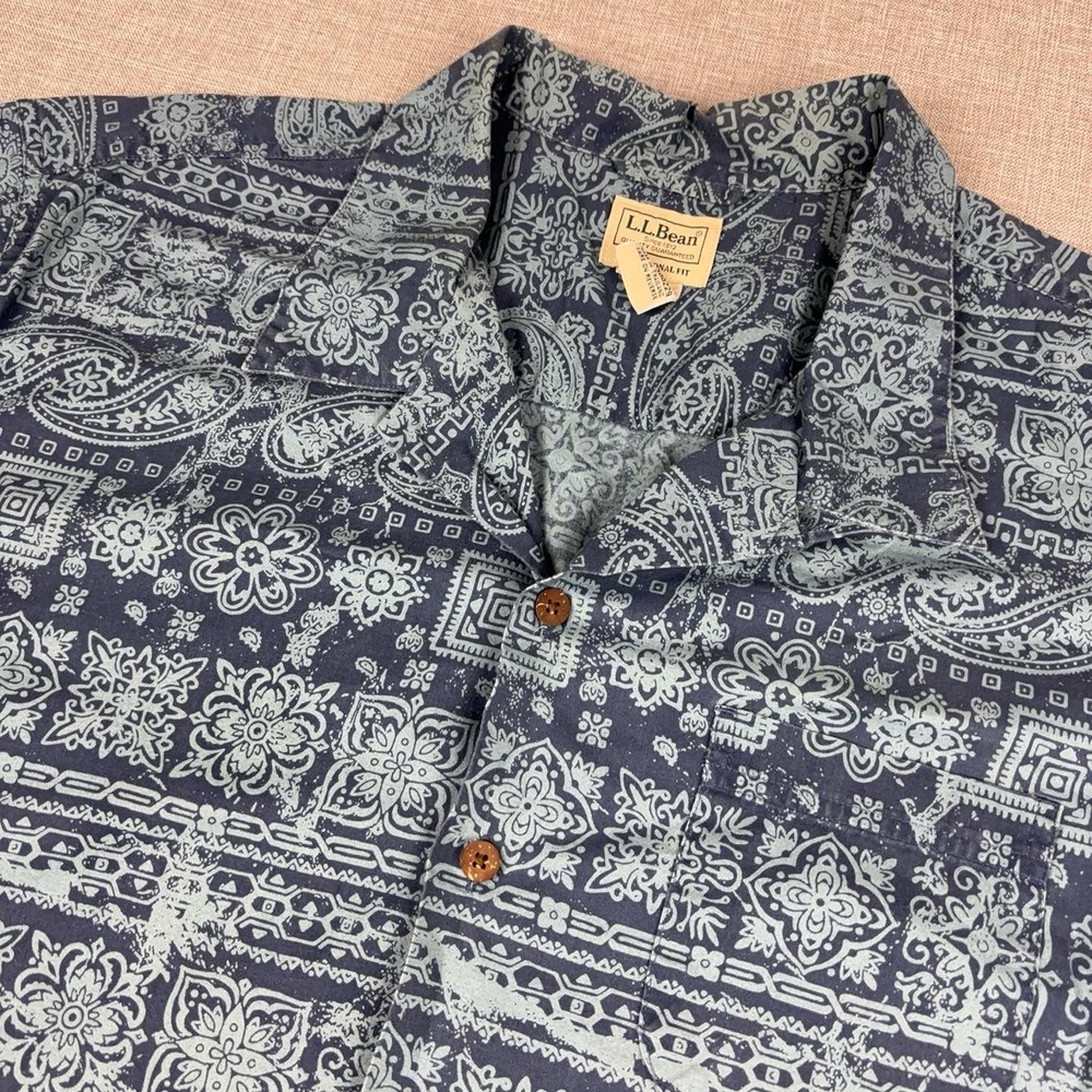 L.L.Bean Tropics Shirt Mens XL Navy Mayan Paisley Camp Aloha 300229